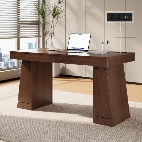 55" Executive Desk w/Power Outlets, Hidden Cabinet Home Office, Brown, view 8