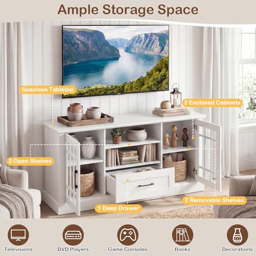 Farmhouse TV Stand for TV up to 65 70 Inches, Tall Media Console Table with 2 Glass Storage Cabinets, 1 Drawer & 2 Open Shelves, Wooden Entertainment Center for Living Room (White)
