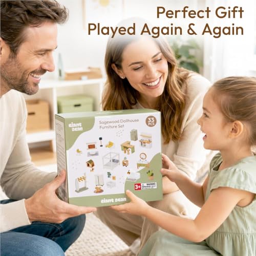 33 PCS Wooden Dollhouse Furniture Set, Modern Doll House Accessories with Bedroom, Kitchen, Bathroom, Nursery & Living Room, Montessori Pretend Play Toys for Kids Girls Boys Age 3+