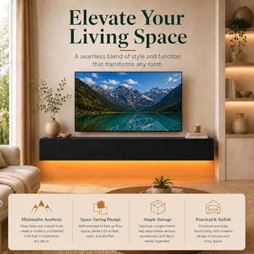 Floating TV Stand 78 Inch Wall Mounted TV Console with Storage Shelves, Modern TV Stand for Living Room Bedroom, Fits 55-90 Inch TV, Wood TV Console Black