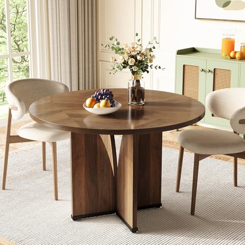 39-Inch Round Dining Table for 4, Rustic Kitchen Table with X-Shaped Stable Pedestal, Farmhouse Dinner Table for Dining Room, Living Room, Dark Brown