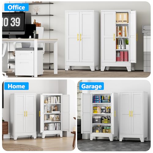 47.25" Metal Garage Storage Cabinet, Heavy Duty Steel Tool Cabinet with 2 Doors & 3 Adjustable Shelves, Freestanding Organizer Cabinet for Garage Home Office Basement (White)