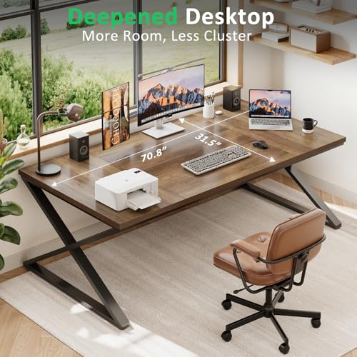 Wood Large Computer Desk, 70.8” Long Home Office Desk for Two Person, Farmhouse Work Study Writing Table in Bedroom, Simple Wide Metal Executive Double PC Gaming Workstation, Rustic Oak