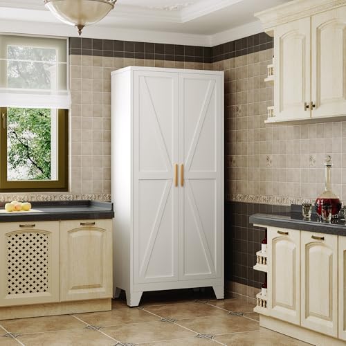 71" Metal Storage Cabinet with Doors and Shelves, Tall Pantry Cabinet in White with 2 Doors & 4 Adjustable Shelves, All-Steel Farmhouse Cupboard for Kitchen, Living Room,Home Office,Garage