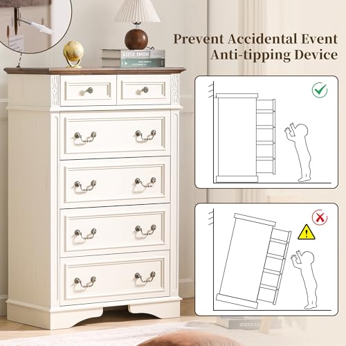 Farmhouse Dresser and Nightstand Sets, 6-Drawer with 7 Drawer Dresser & 3 Drawer Nightstand Sets, 4 Pieces Rustic Wood Bedroom Furniture Set for Home, Bedroom, Hallway(White)