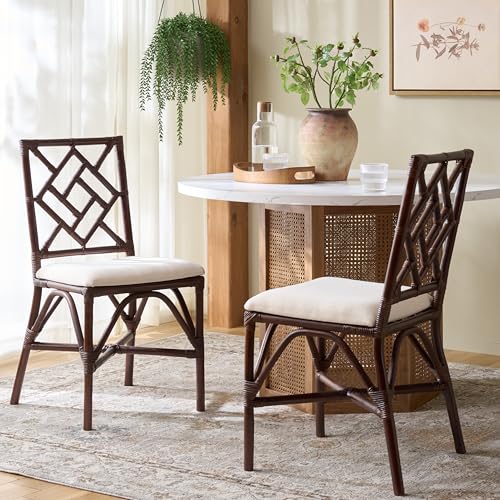 SAFAVIEH Furniture - Bhumi Accent Chair Set of 2 - Coastal Design White & Chocolate Brown Rattan - Fully Assembled - Ideal for Living Room, Bedroom, Dining Space, 19.7" Seat Height (ACH6509D-SET2)