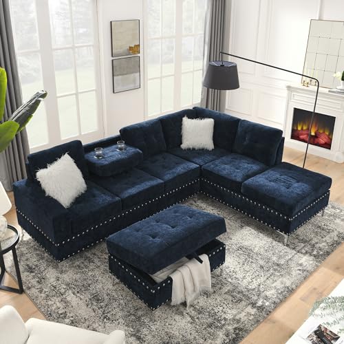 Living Room Furniture Sets, L-Shape Sectional 5-Seater Sofa with Extra Wide Reversible Chaise, Storage Ottoman and Cup Holders and Copper Nails, 2 Pillows, Navy Blue