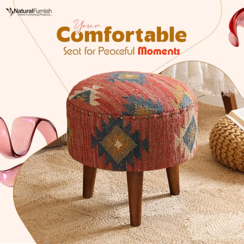 Handmade Kilim Jute Pouf Ottoman Stool | Round Upholstered Seating with Acacia Wood Legs | Decorative Foot Rest for Living Room, Bedroom, Reading Room & Lounge (Red)