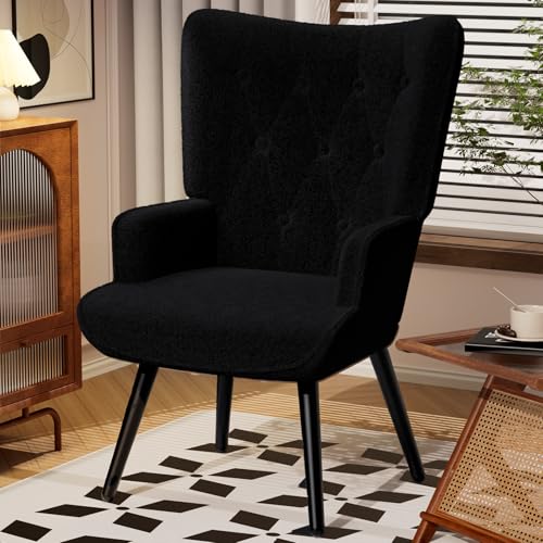 Accent Chair, Comfy Upholstered Teddy Fabric Armchair with Metal Legs, High Backrest Living Room Chair, Wingback Chair Mid Century Modern for Living Room/Vanity/Bedroom (1, Black) (1)