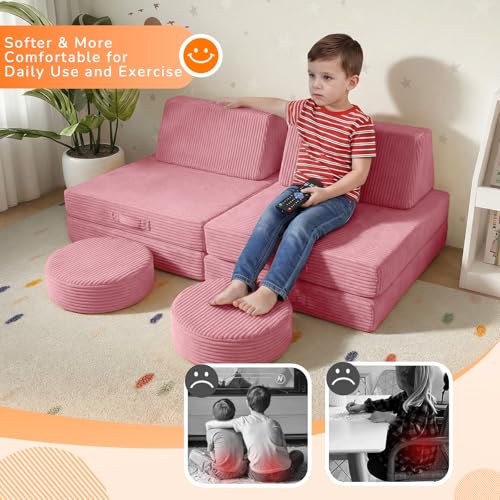 Kids Couch for Playroom, Corduroy Convertible Toddler Couch, 8 Piece Modular Play Sofa, Foam Fort Building Set for Child Room Furniture, Pink