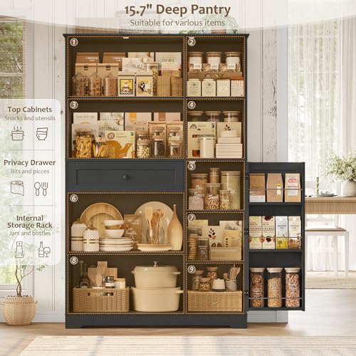 68" Tall Kitchen Pantry Storage Cabinet with Doors & Shelves, Black, view 7