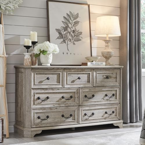Farmhouse 7 Drawers Dresser for Bedroom, 54" Wide Wood Rustic Chest of Drawers with Natural Texture, Vintage Design, Storage Dressers Organizer for Bedroom, Living Room Light Rustic Oak