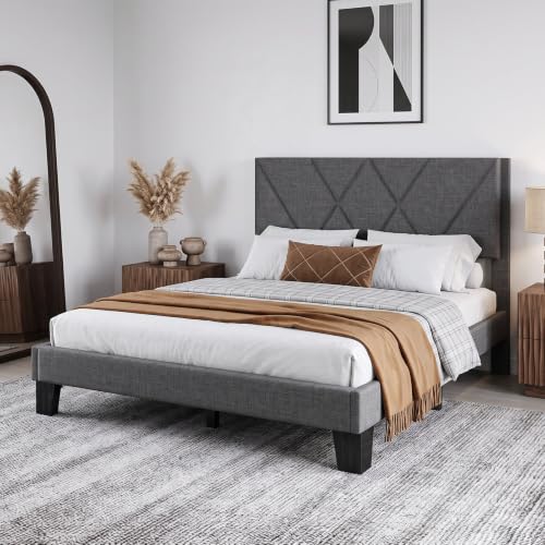 Queen Platform Bed Frame with Upholstered Headboard, Gray, view 8