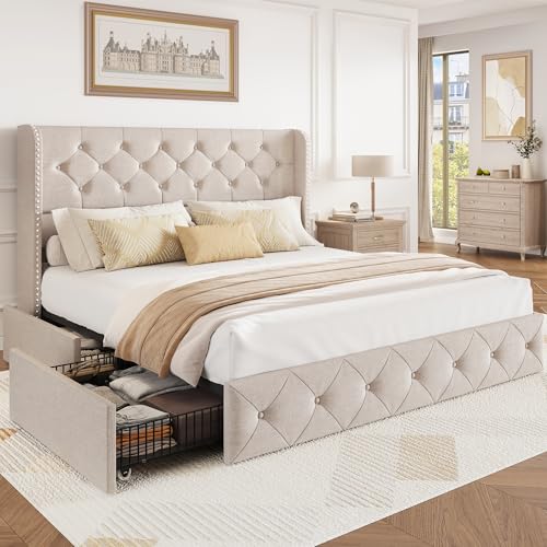 Queen Size Bed Frame with Storage Drawers and Wingback Headboard Linen Upholstered Platform Bed Frame Tufted Beds with Heavy Duty Wood Slats, Noise Free, Easy Assembly, Beige