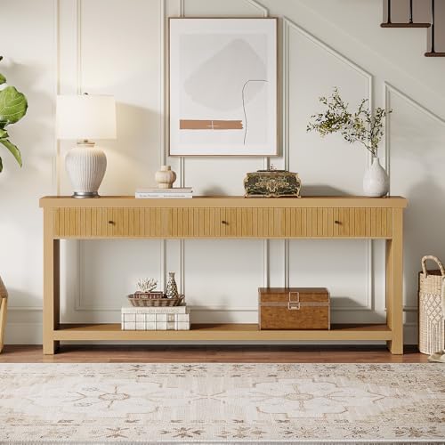 Tribesigns 70.9 inch Extra Long Entryway Table with 3 Drawers, Sofa Console Table with Open Storage Shelves, Oak Color Furniture, Wooden Couch Foyer Tables for Living Room Hallway Entrance