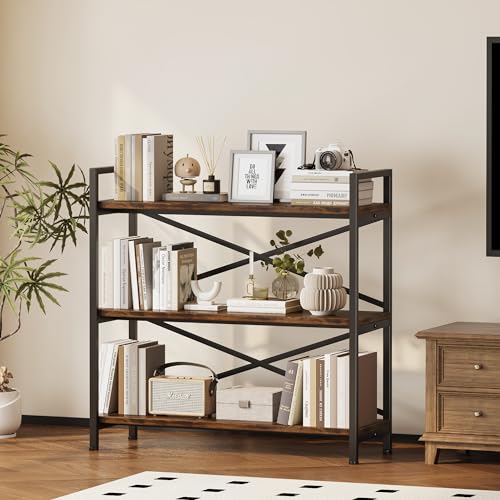 3 Tier Bookshelf 31.49" Width, Wood and Metal Etagere Bookcase, Vintage Farmhouse Modern Wooden Big Book Shelf for Home Living Room Bedroom Office Storage(Rustic Brown)