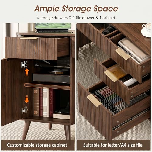 59" Fluted Executive Desk with 5 Drawers & Charging Station,Walnut, view 7