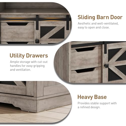 Farmhouse End Table with Charging Station, Sofa Side Table with 2 Drawers and Barn Door, Rustic Wooden Nightstand Bedside Table for Bedroom, Living Room, Greige