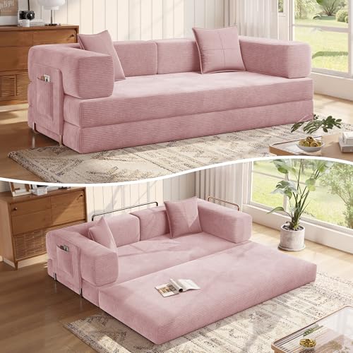 78.8'' Sleeper Couch Bed for Livingroom,Convertible Modular Sofa with Armrest Pillow,Modular Foldable Corduroy Couches in a Box,No Assembly (Pink)