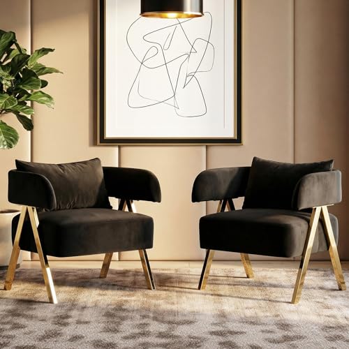 Modern Black Gold Velvet Accent Chairs Set 2, Barrel Armchairs Living Room | Comfy Reading Chairs, Living Room and Bedroom Seating, Curved Barrel Design, Gold-Tone Legs, Wide Seat, Small Space