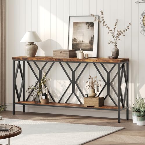 70.9'' Extra Long Console Table, Industrial Sofa Table Behind Couch, 2 Tier Narrow Entryway Table with Storage Shelf, for Living Room, Rustic Brown and Black CTHR18301