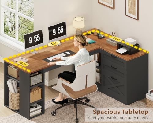 Farmhouse L Shaped Computer Desk with Drawers, Power Outlet for Home Office, view 8
