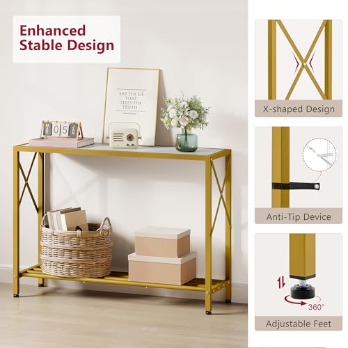 Entryway Table 41.8”, 2-Tier Entry Way Console Entrance Table, Narrow Sofa Table with Shelves, Ideal for Hallway, Entryway, Living Room, Foyer, Corridor, and Office (Gold & White)