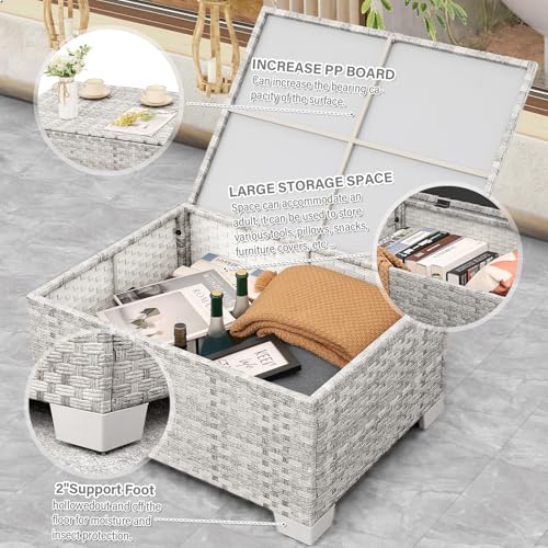 Patio Furniture Set 4 Piece Outdoor Wicker Conversation Sets PE Rattan Couch Sectional Sofa with Storage Table, Grey Cushion