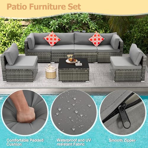 7 Piece Patio Furniture Set with Adjustable Bracket All-Weather Wicker Conversation Set with Coffee Table for Porch Garden Backyard (Gray)