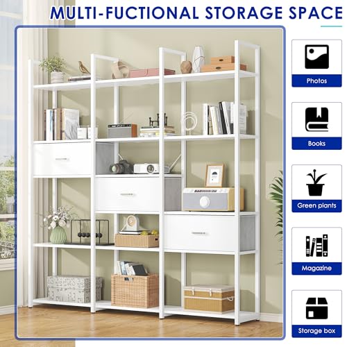 73.6" Tall Bookshelf with 3 Drawers and 16 Storage Shelves, Industrial Bookcase with 16 Open Display Shelves, Large Etagere Bookshelf, Triple Wide Book Shelf Book Case for Home & Office, White
