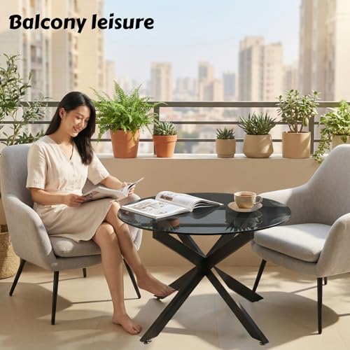 Black Round Glass Coffee Table for Living Room, Home Office, Modern & Simple Center Table with Gray Tempered Glass Top, 35.5" Wx19.7 H