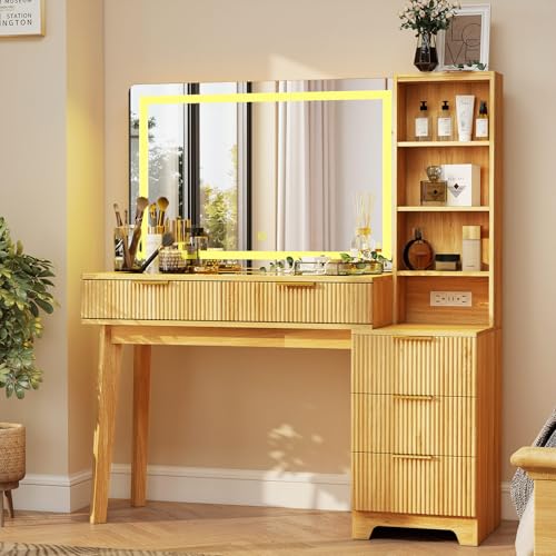 Oak Fluted Makeup Vanity Desk, 48" Vanity Desk with 36" Mirror, view 2