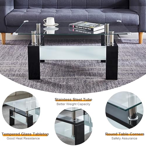 2-Tier Glass Coffee Table, Rectangle Center Table with Double-Layer Tempered Glass Storage Space and Black MDF Legs, Modern Living Room Table for Home Office, Waiting Room