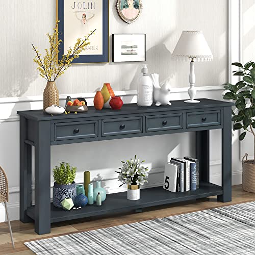 Knocbel Console Table with 4 Storage Drawers Bottom Shelf, Rustic Distressed Sofa Table for Entryway Hallway, Assembly Required, 63" W x 14" D x 30" H, Navy