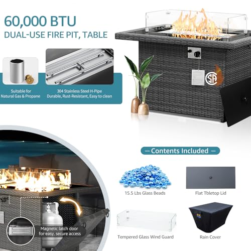 7 Piece Large Modern Patio Furniture Set with Propane/Gas Firepit Table, 29.3'' High Back Comfy Wicker Sectional Sofa Couches with Fire Pit, Outdoor Deep Conversation, Fade-Proof, Turquoise