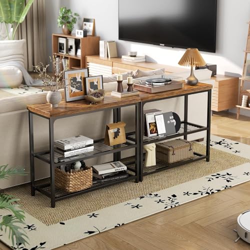 32" Small Console Table with Storage, 3-Tier Industrial Narrow Entryway Table with Mesh Shelves, Sofa Table Behind Couch for Hallway Foyer Living Room, Sturdy Metal Frame, Rustic Brown