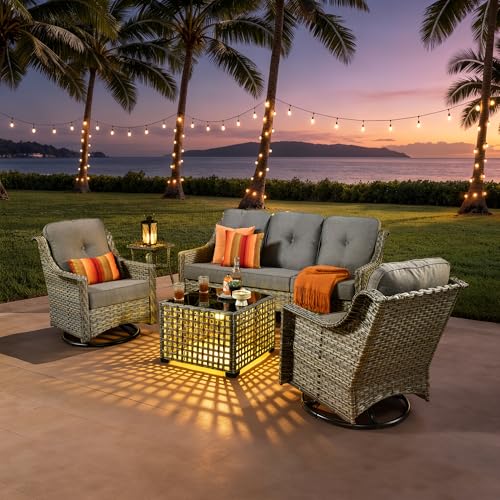 Dark grey five piece wicker patio set with swivel rocking chairs, view 2