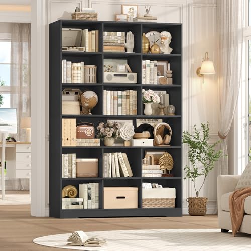 76” Tall Bookshelf with Storage, 6 Tier Black Bookcase with 16 Open Display Shelves, Triple Wide Large Bookshelves and Bookcases, Wood Book Shelf Storage Cabinet for Home Office (Black)