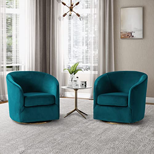 Swivel Accent Chair with Gold Metal Base, Set of 2 Contemporary Velvet Curved Swivel Barrel Chair, Upholstered Club Armchair, Leisure Single Sofa for Living Room, Nursery, Bedroom(Teal)