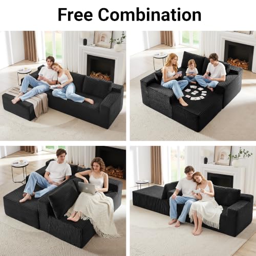 97" Cloud Couch Sectional, L Shaped Boneless Couch Sectional Couches for Living Room, Modern Comfy Corduroy Fluffy Modular Sofa with Deep Seat, No Assembly (Black, Left Facing Chaise)