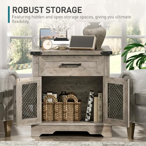 Farmhouse End Table with Charging Station, 24" Large Sofa Side Table with Drawer, Large End Table for Living Room, Wooden Nightstand with Outlet, Square, Greige
