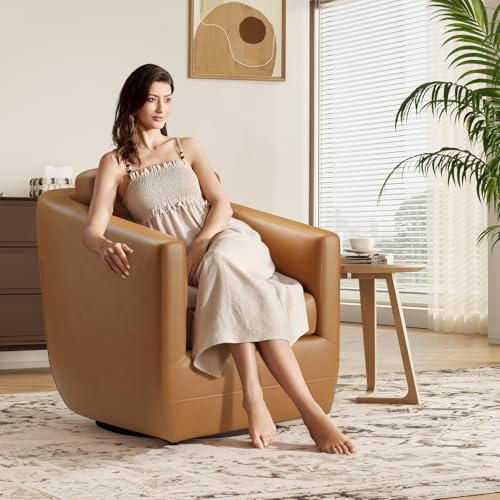 360° Swivel Accent Chair Set of 2 with Pillow - Comfy Living Room Armchair No-Sag Foam & Sturdy Metal Base, Fully Assembled Swivel Accent Single Sofa for Bedroom Living Room, Office, Brown