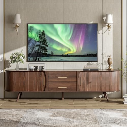 70" Fluted TV Stand for TVs Up to 80", Mid Century Entertainment Center with Sliding Tambour Doors and Drawers, Modern Curved Media Console with Storage for Living Room, Walnut