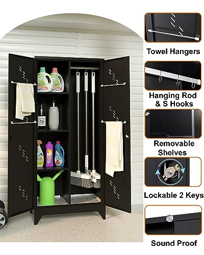 Metal Storage Cabinet with Lock, 71" Garage Storage Cabinets with Hanging Rod & S-Hooks, Large Storage Cabinet, Locking Tool Utility Closet, Black