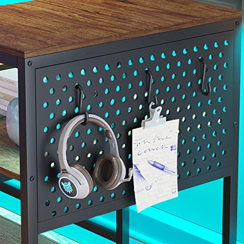 L Shaped Computer Desk, Reversible Computer Desks, L Shaped Desk with Power Outlets & LED Strip, Monitor Shelf, Keyboard Tray, Pegboard and Storage Shelves for Home Office, Rustic Brown