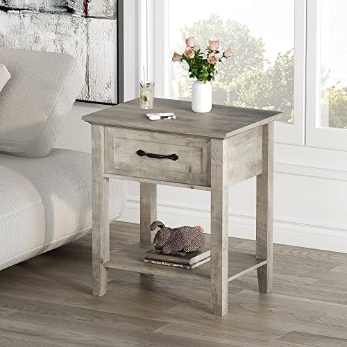 Grey Nightstands Set of 2, End Table with Drawer, Side Table for Spaces, 2 Tiers Storage Shelves with Dresser, Bedside Table for Living Room, Bedroom, Dorm (2pcs-Grey)