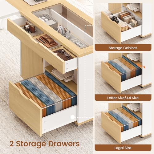 L Shaped Computer Desk with Mobile File Cabinet & Power Outlets, Executive Home Office Desk with Storage Drawers, Pegboard, Cable Management, Reversible L Desk for Work & Gaming, White + Oak