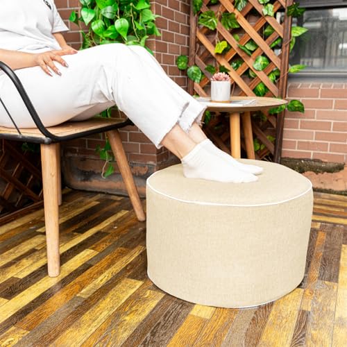 Outdoor Ottomans for Patio Pouf Waterproof Fade-Resistant Ottoman Foot Rest for Outdoor - Ottoman Chair Filled with High-Density All-in-One Foam, 20" D x 14" H Inches (Linen, Round)