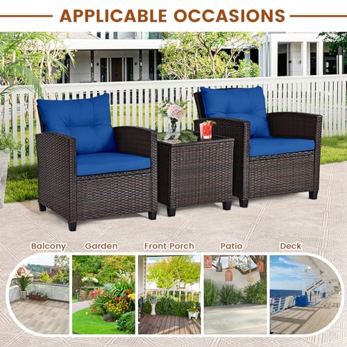 3 Pieces Patio Furniture Set, Outdoor Wicker Conversation Set Rattan Chairs with Cushions, Glass Coffee Table, Bistro Set for Front Porch Balcony Garden Deck Poolside (Navy)