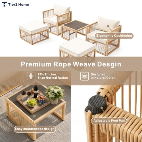 5 Piece Patio Furniture Set, Outdoor Sectional Sofa Set with 2 Ottomans, Coffee Table, Washable Cushions, All Weather Patio Wicker Conversation Set with Arm Chairs for Backyard, Porch, Balcony, Deck